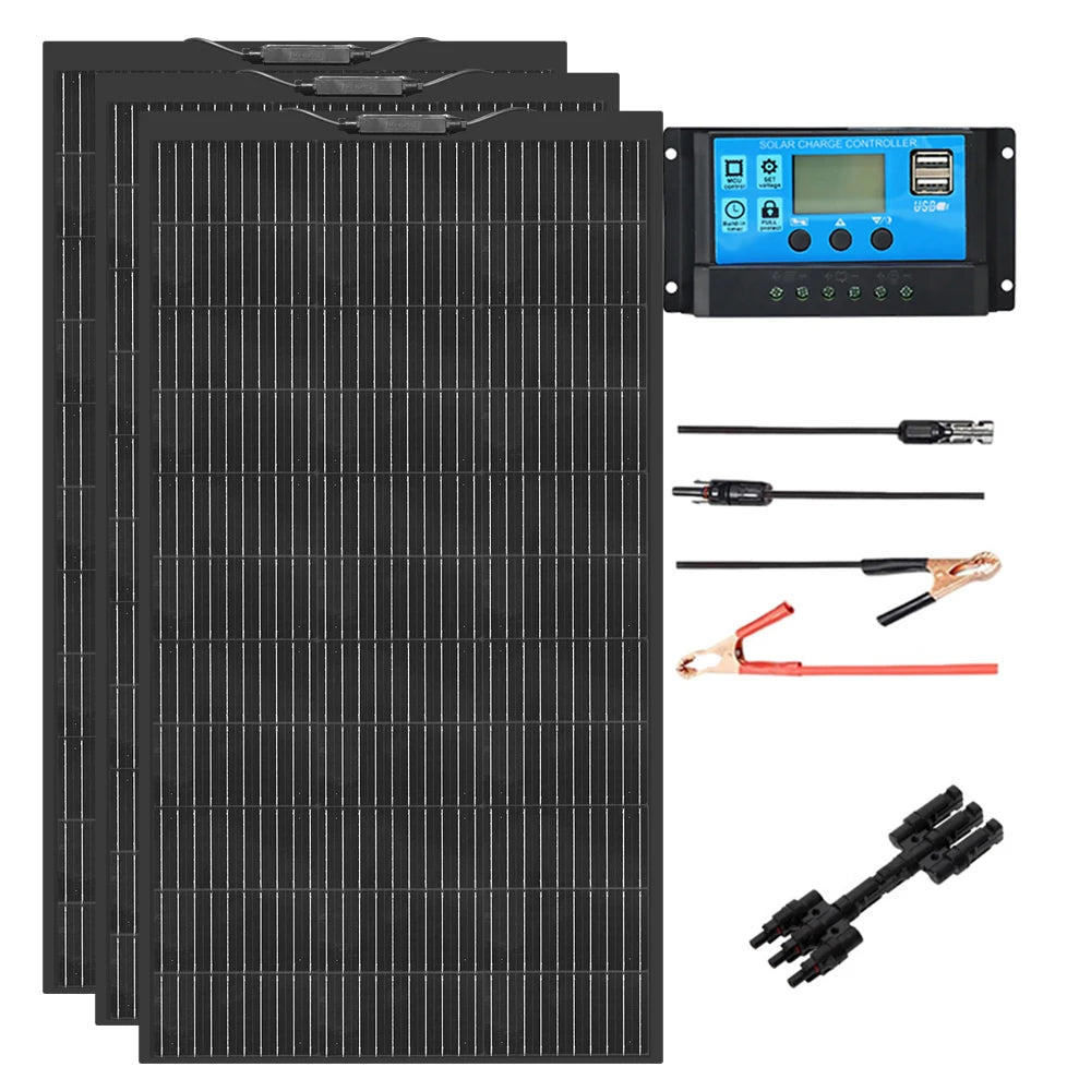 12V Flexible Solar Panel Kit 240W 360w 480W 600W 720W Charge Controller Cable for Battery RV Trailer Boat Cabin Caravan Truck