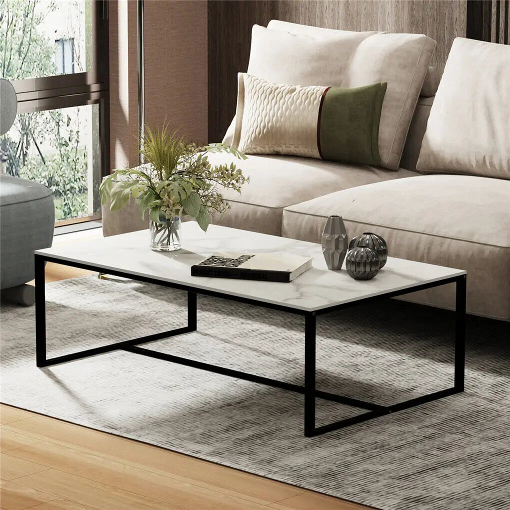 LUVODI Rectangular Coffee Table 100x60cm Sintered Stone Top Black Metal Frame Modern Center Table for Living Room