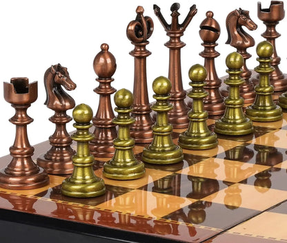 Vintage Metal Chess Set, 15' Wooden Board with Retro Chess Pieces – Travel Friendly Collectible Game for Adults & Kids