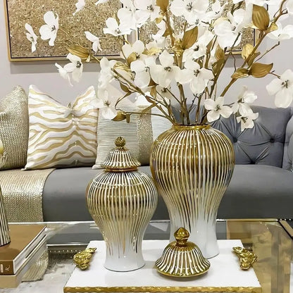 Large Modern Minimalist White & Gold Ceramic Vase for Home Décor, Centerpieces, Living Room, Office, Bedroom, Bookshelf, Mantel