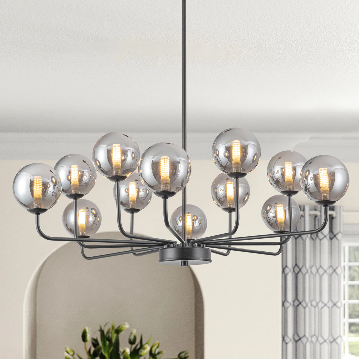 12 Lights Bubble Chandeliers Globe Glass Sputnik Illumination Modern Black Light Fixture Easy To Install For Dining Room