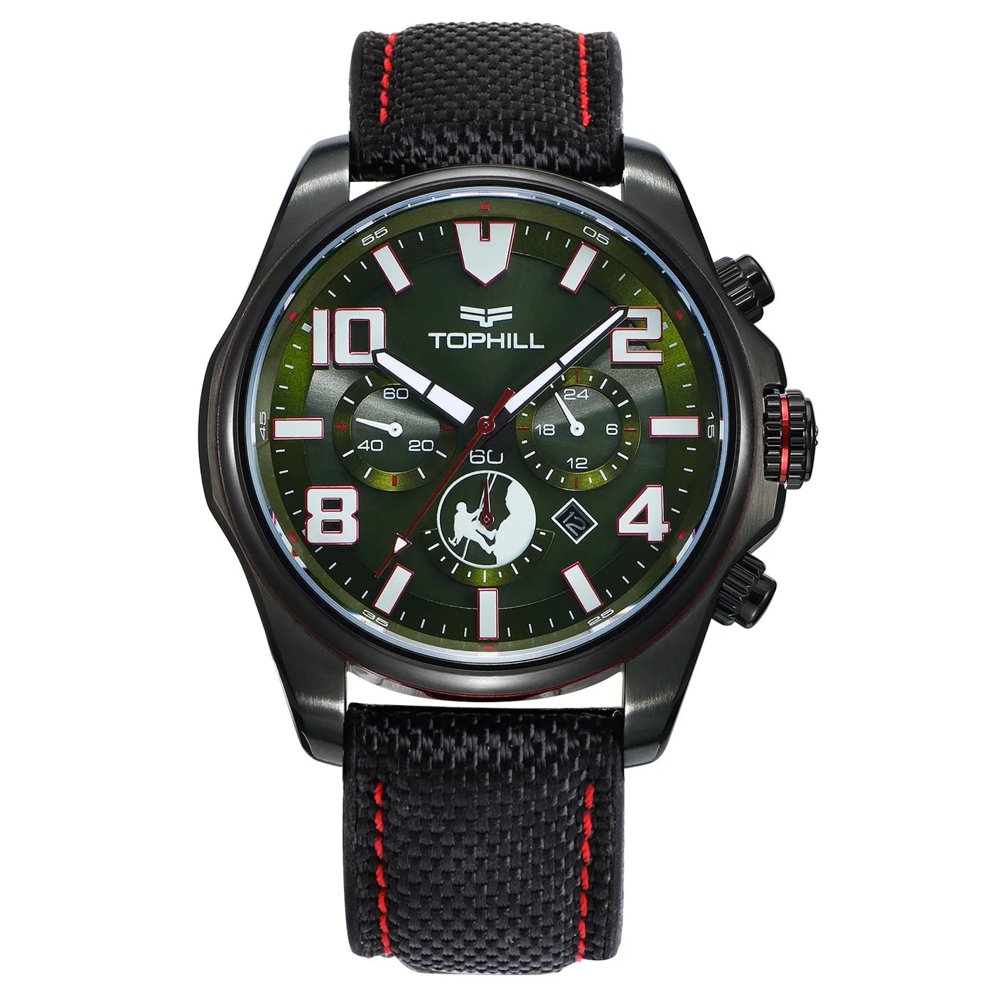 TOPHILL Men’s Solar Chronograph Watch Military Style 43mm VS75 Movement Sapphire Crystal 100M Waterproof Wristwatch
