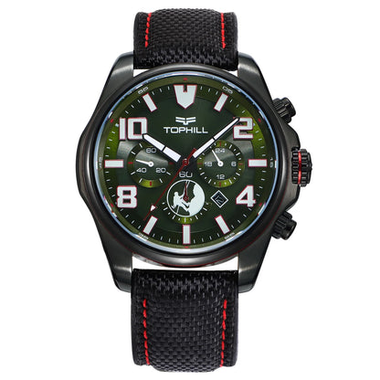 TOPHILL Men’s Solar Chronograph Watch Military Style 43mm VS75 Movement Sapphire Crystal 100M Waterproof Wristwatch