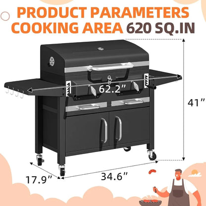 36 In Extra Large Charcoal Grill - 620 Sq.In Oversized BBQ Area with Thermometer & Individual Lifting Charcoal Trays, Storage C