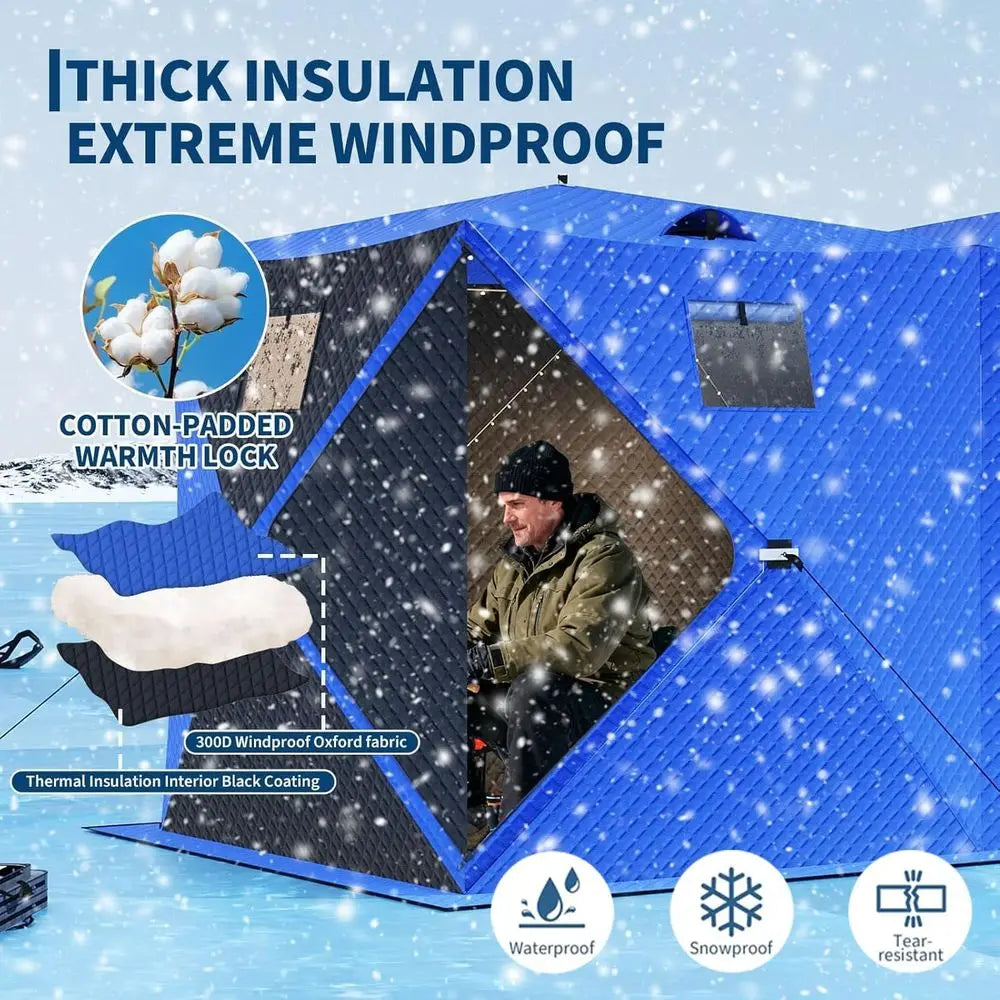 4-8 Person Insulated Ice Fishing Tent with 49ft LED Light, Waterproof, Portable, 3-Layer Shelter, 2 Doors, Anchors, Ropes, and C