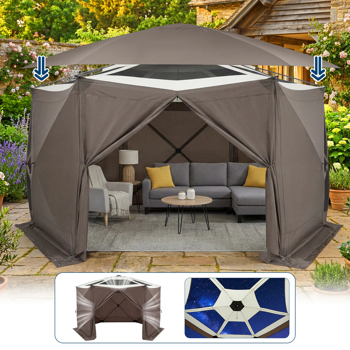Starry Sky Shed Outdoor Tent with Eaves Hexagonal 13x13FT with 6-sided Screen Khaki/Green 210D Oxford Cloth Large Folding Canopy Screen Tent Ind Cloth, Bite-Proof Mesh, Carry Bag, Easy Setup Outdoor Shelter for Patio, Backyar