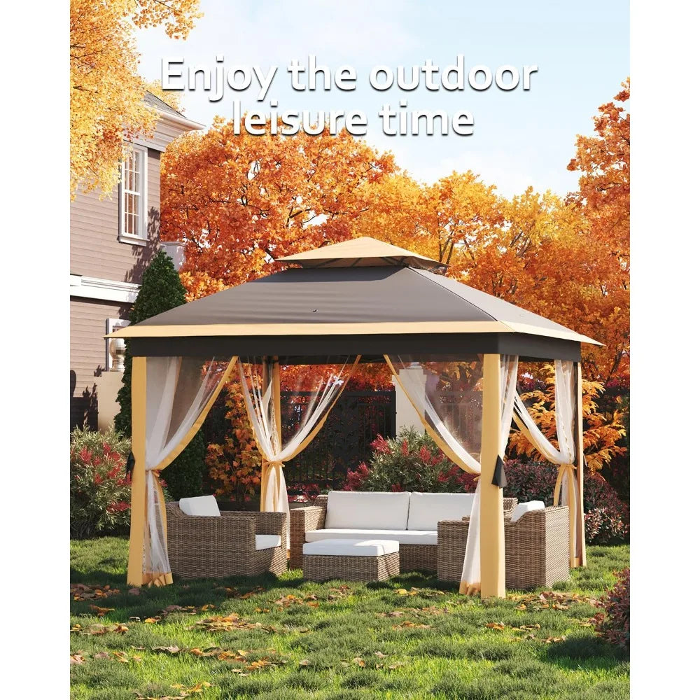 11x11 Pop Up Gazebo Tent with Mosquito Netting, Outdoor Canopy Shelter Easy Setup, Water & UV Resistant - Khaki