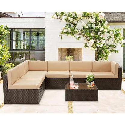 7 Piece Outdoor Patio Furniture Set, PE Rattan Wicker Sofa Set, Outdoor Sectional Furniture Chair Set  Brown