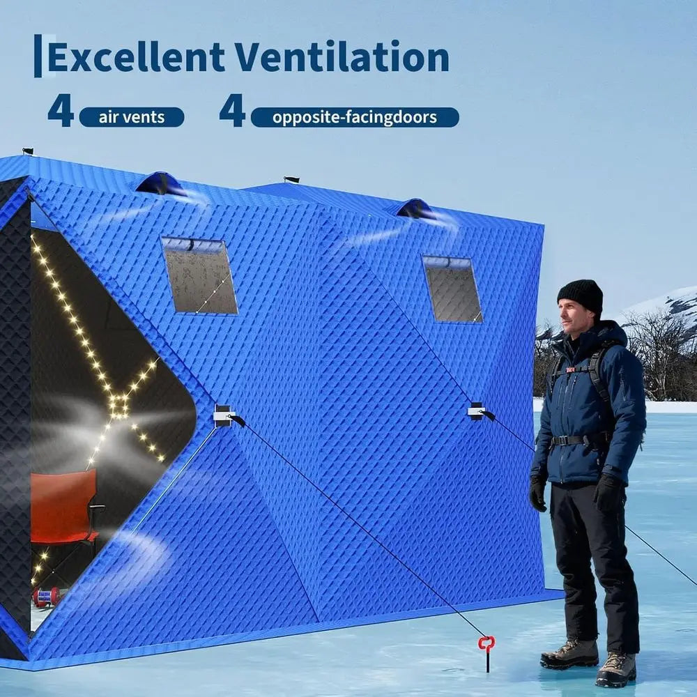 4-8 Person Insulated Ice Fishing Tent with 49ft LED Light, Waterproof, Portable, 3-Layer Shelter, 2 Doors, Anchors, Ropes, and C
