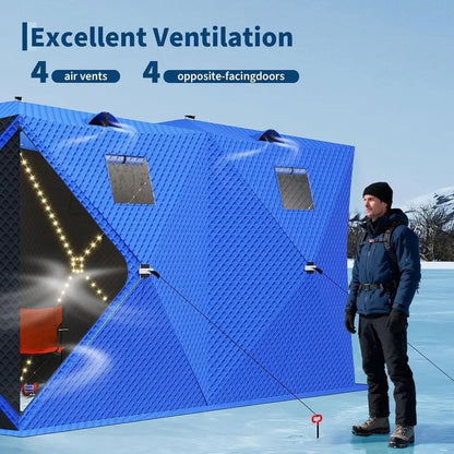 4-8 Person Insulated Ice Fishing Tent with 49ft LED Light, Waterproof, Portable, 3-Layer Shelter, 2 Doors, Anchors, Ropes, and C