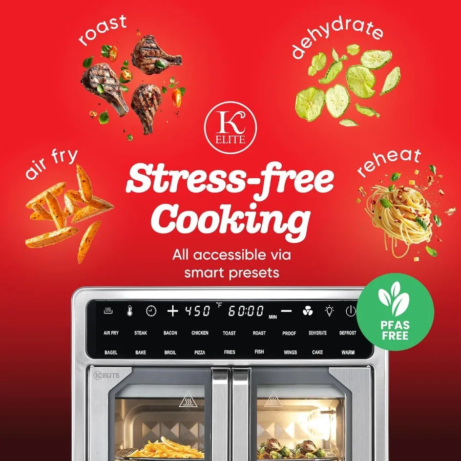 Kitchen Elite 16 Quart French Door Air Fryer Oven Family Size Countertop Convection Cooker with LED Display Stainless Steel Ide