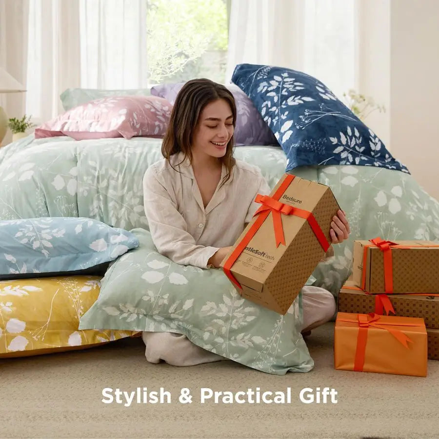 Queen Comforter Set 7 Pieces Floral Sage Green GentleSoft Bedding Sets, Queen Bed in a Bag with Botanical Flowers Winter Comfort