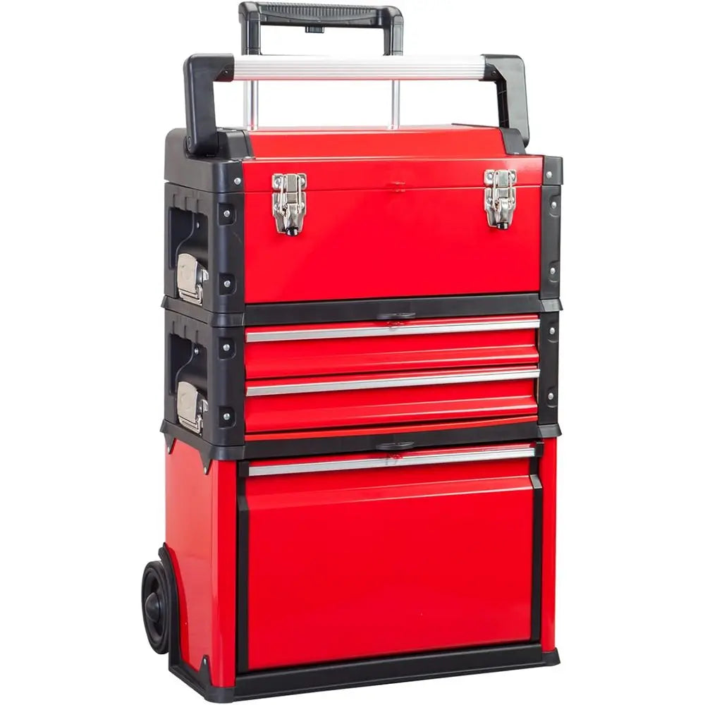 Portable Steel Rolling Trolley Tool Box with Stackable Drawers, 20.5L x 12.6W x 28.4H