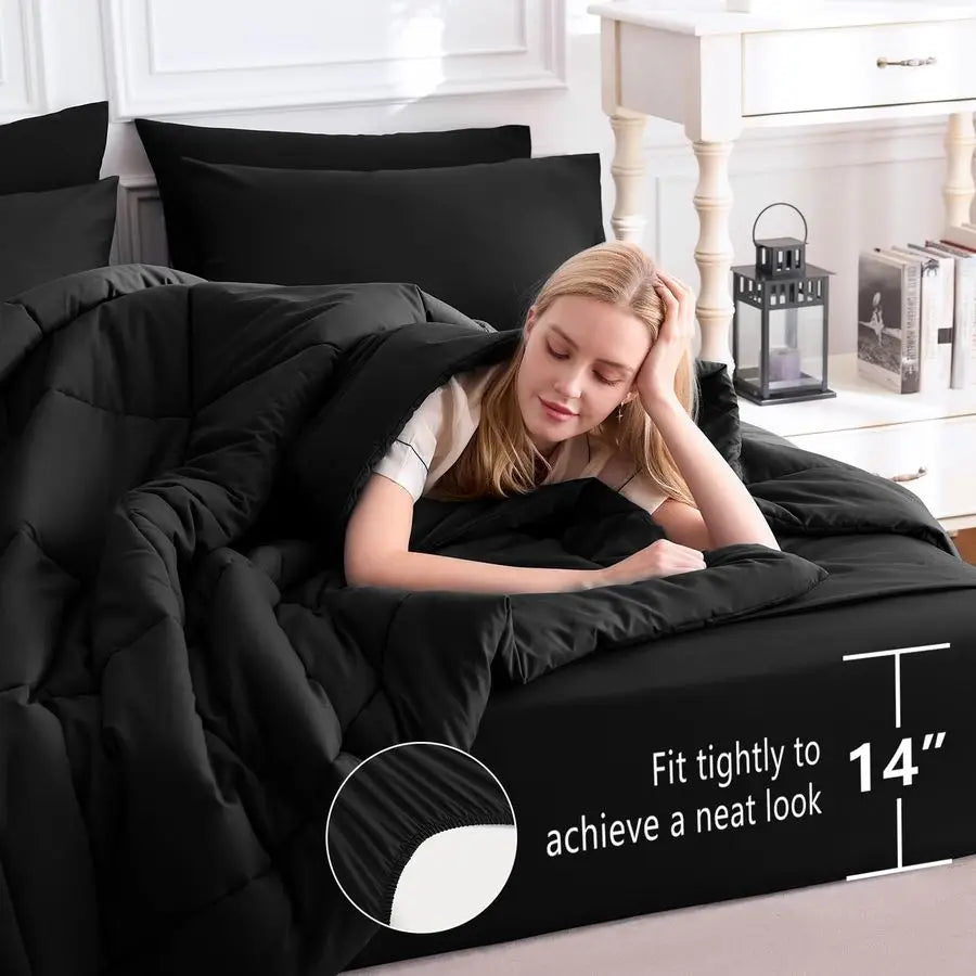 Queen Comforter Set Black, 7 Pieces Bed in a Bag, Black Comforter Queen Size, All Season Bedding Sets with Stitch Quilted Comfor