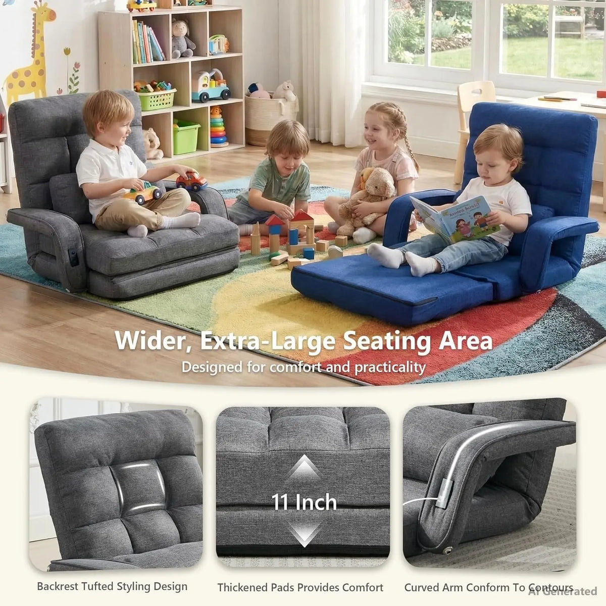 2 USB Charging Ports Floor Chair with Adjustable Backrest 90°–180° 5-Position Recline Gaming Sofa Chair
