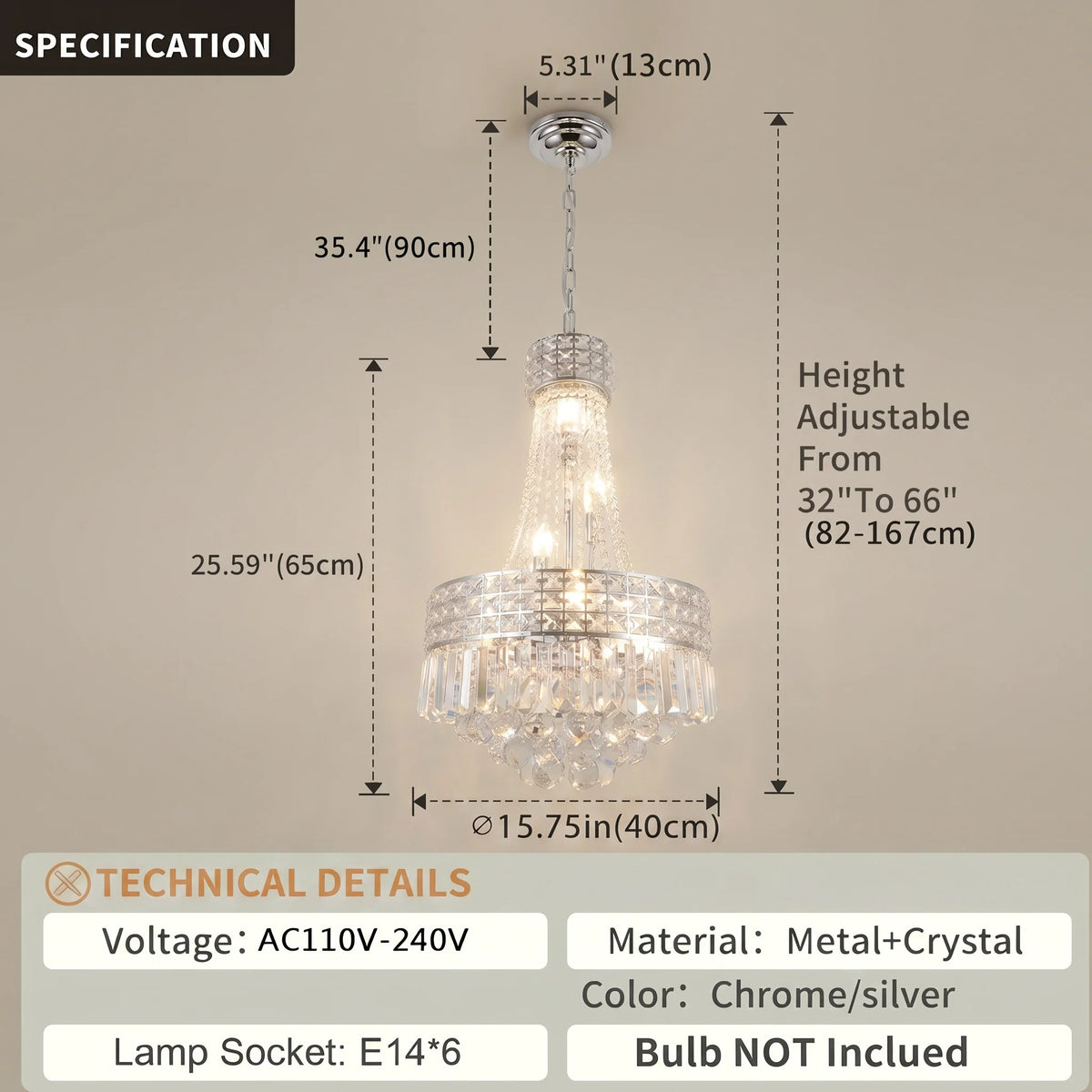Modern Chrome Silver Crystal Chandelier, Round Dimmable Dining Table Crystal Chandelier for Bedroom/Hallway/Hall