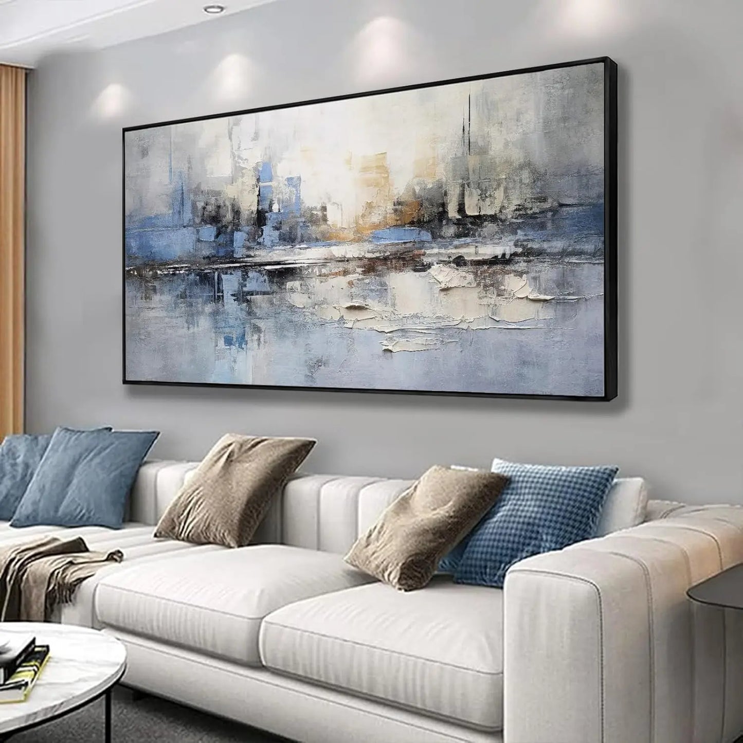 Blue and White Abstract Wall Art Large Framed Canvas Painting for Living Room Bedroom Office Decor Ready to Hang 30x60 Inches