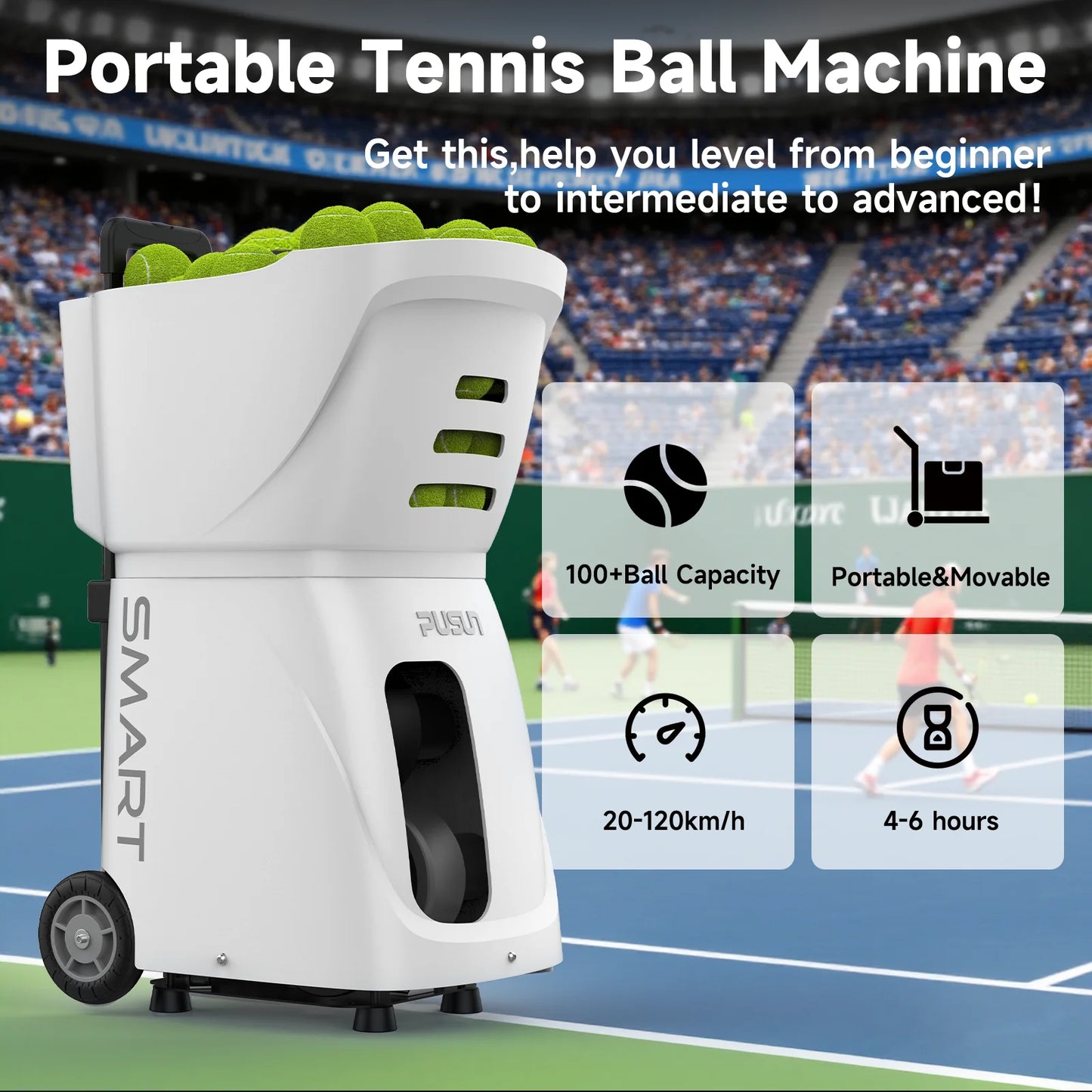 Tennis Ball Machine, PUSUN PT-Smart Tennis Ball Launcher for All Level Tennis Players, 100+Ball Capacity,4-6hs Working Time