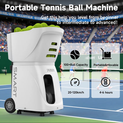 Tennis Ball Machine, PUSUN PT-Smart Tennis Ball Launcher for All Level Tennis Players, 100+Ball Capacity,4-6hs Working Time
