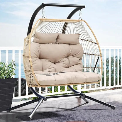Patio Love Seat Double Egg Chair with Stand, 2 Person Couple Wicker Rattan Chair Outdoor Egg Chair with Cushion 500 Lbs, Beige