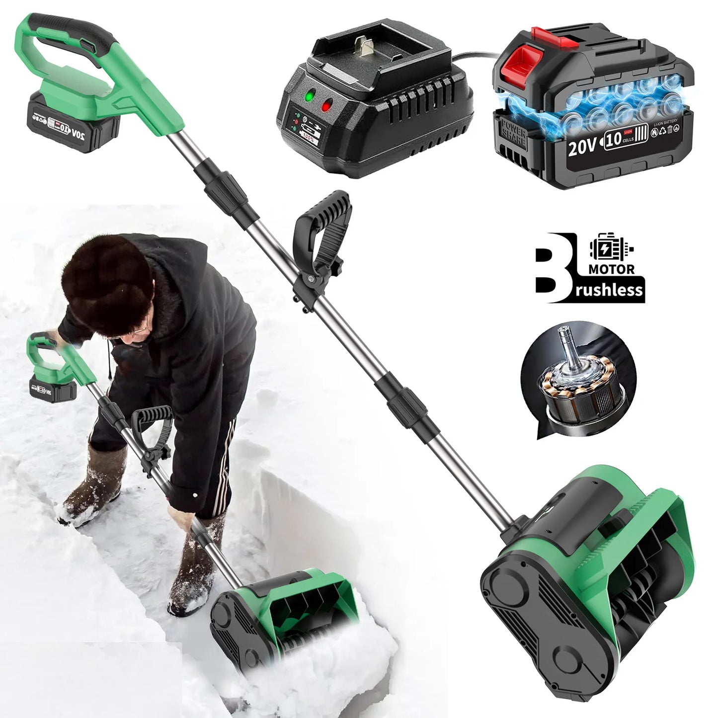 3000RPM Brushless Electric Snow Sweeper Rechargeable Cordless Handheld Household Street and Yard Snow Removal Tool with Battery