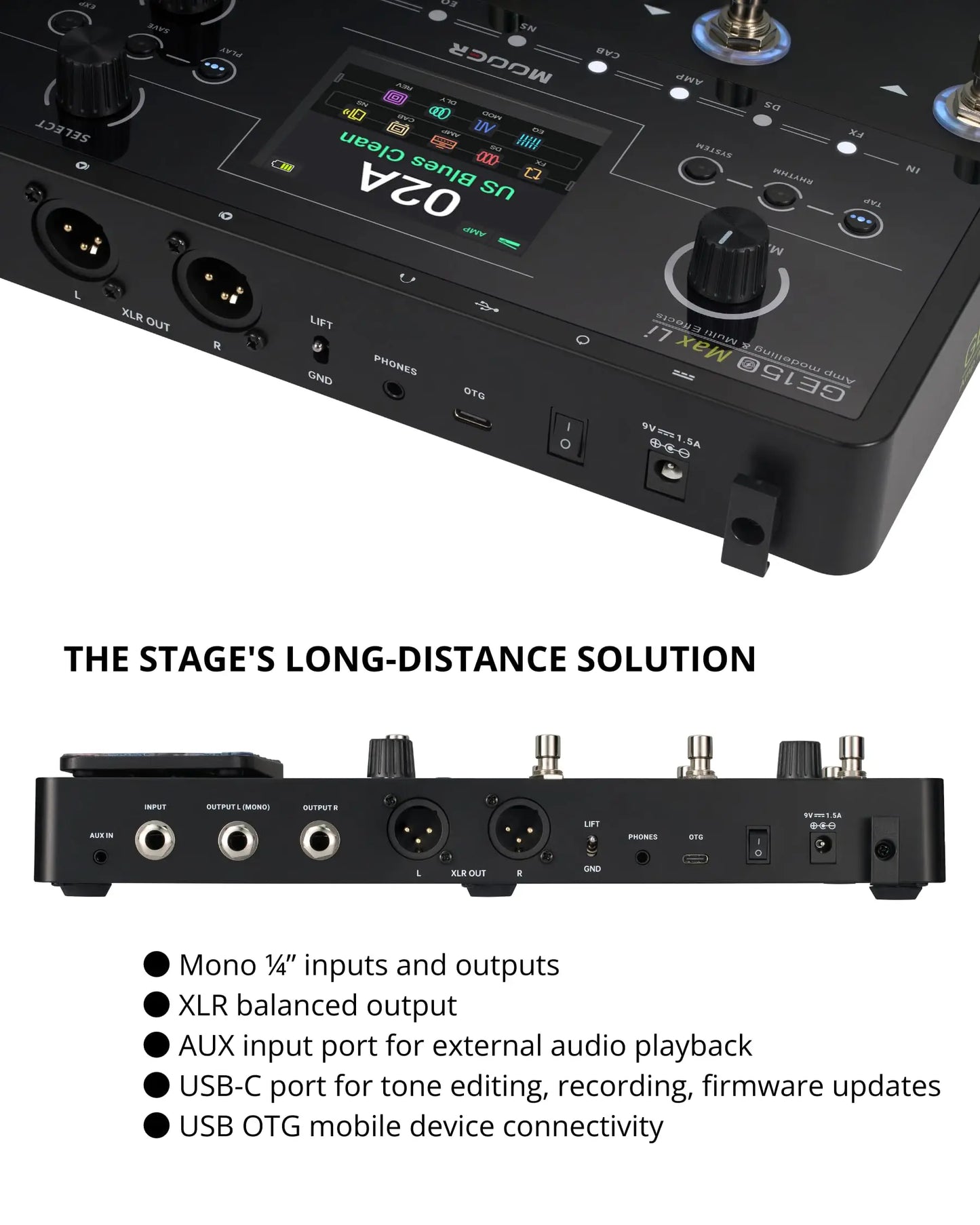MOOER GE150 Max Li Guitar Multi Effects Pedal 55 Amp Models 200 Presets 9H Battery IR Loader 4 Footswitches for Live Performance