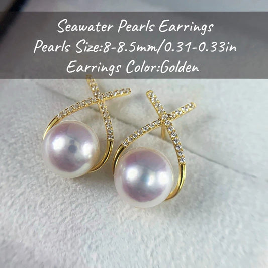 MYSOYA Japan Akoya Seawater Pearl Simple Design Earrings 8-8.5 Mm Gift Box For Her Him For Birthday Wedding Valentine's Day