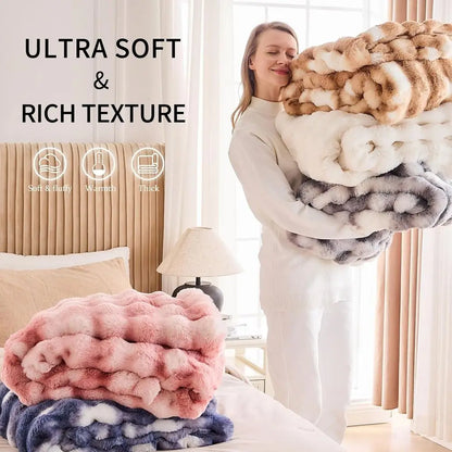 Faux Fur Throw Blanket for Bed-Warm Fuzzy Throw Blanket, Soft Plush Thick Bubble Blankets for Bedroom and Living Room, Furry Lux