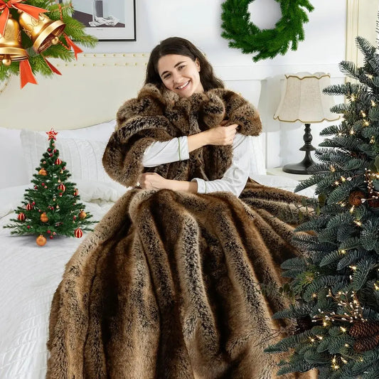 Faux Fur Blanket, Ultra Soft Luxury Fuzzy Throw Blanket, Long Pile Plush Cozy Warm Decorative Blanket for Couch, Sofa, Chair, Be