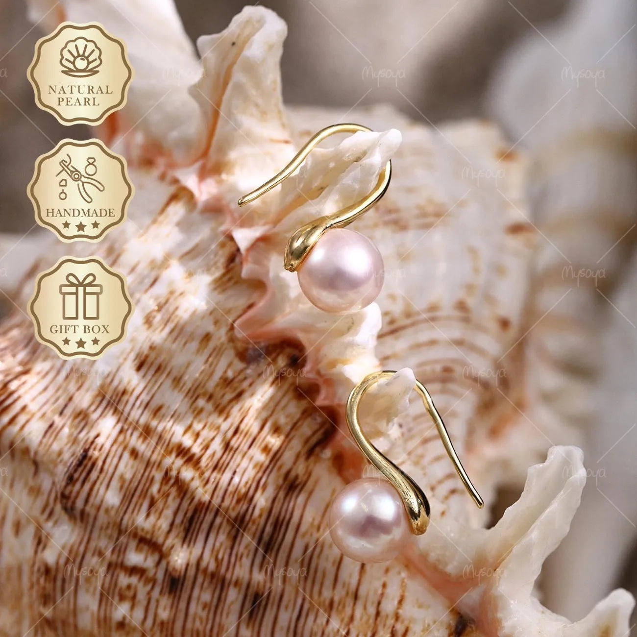 Mysoya Japan Akoya Pearl Stud Earrings 7.5-8mm Golden S925 High Heel Gift Box Valentine's Day Birthday Gift For Her