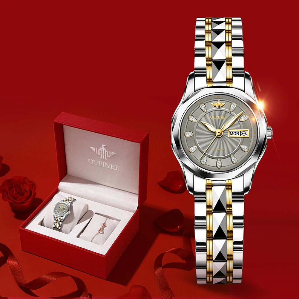 OUPINKE 3172 Mechanical Ladies' Watch Diamond Dial Auto Calendar Sapphire Mirror Imported Japan Automatic Movement  Set