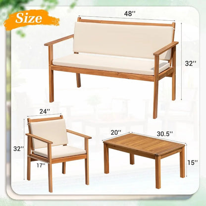 Outdoor Patio Furniture 4 Piece Bistro Sofa Set with Coffee Table and Loveseat Acacia Wood Conversation Sets with Cushi