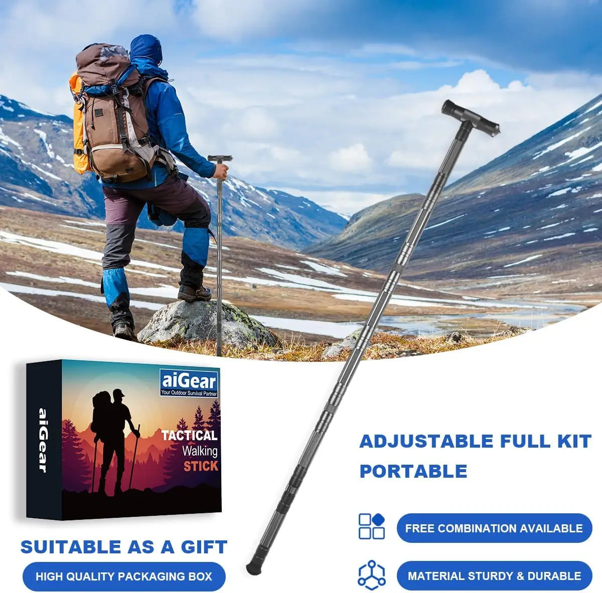 G2 Tactical Stick Hiking Walking Staff - Trekking Poles Outdoor Adjustable Hiking Stick for Camping Hiking 5 Tubes Gray