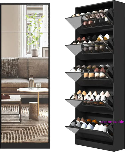 Shoe Storage Cabinet with Full Length Mirror, 30 Pairs & 5 Flip Drawer, Free Standing Shoe Rack Cabinet, Narrow Shoes Organizer