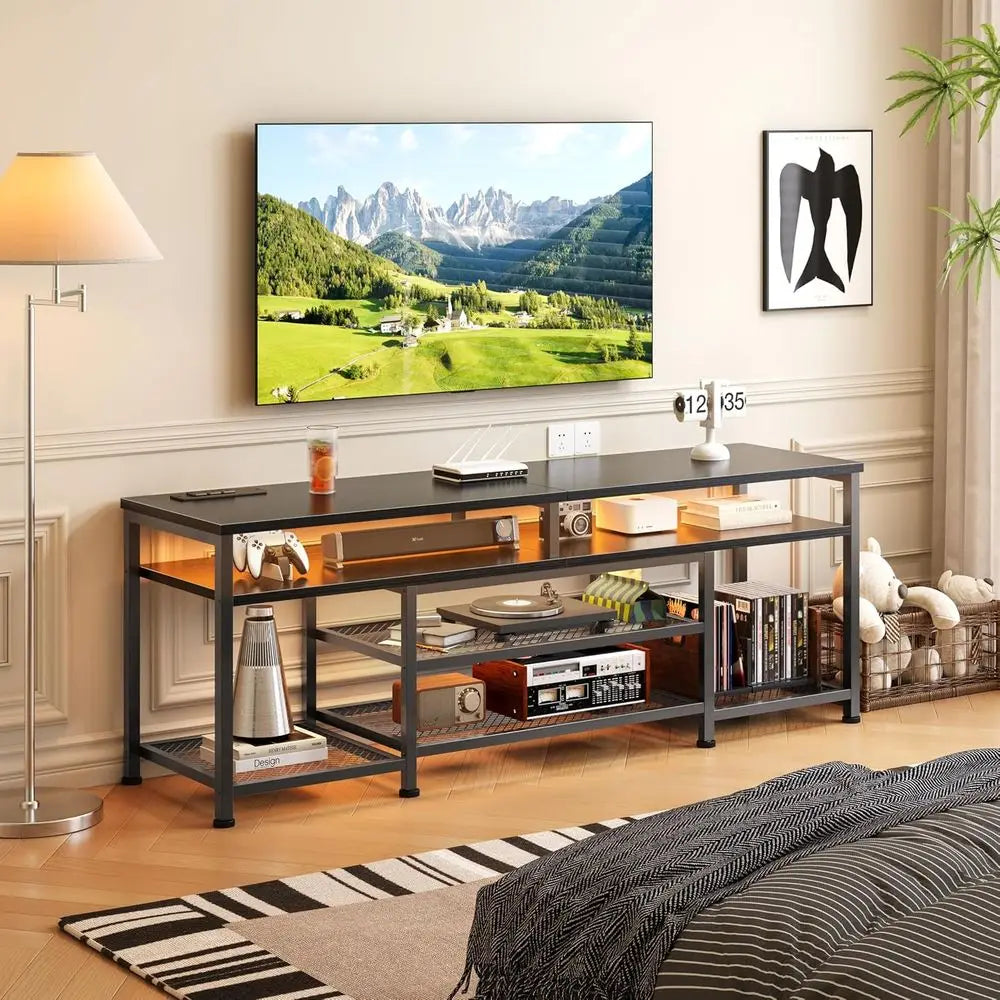 TV Stand with Power Outlets and LED Lights, 63 Inch Entertainment Center or 60 65 70 Inch TVs, Media ole Table with Open Shelves