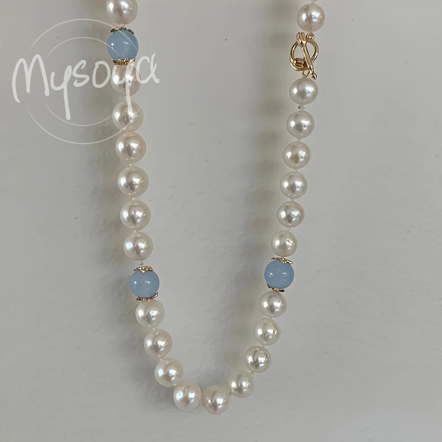 MYSOYA Natural Freshwater Pearl Aquamarine Necklace With Gift Box Personalized Jewelry Perfect For Wedding Birthday New Year