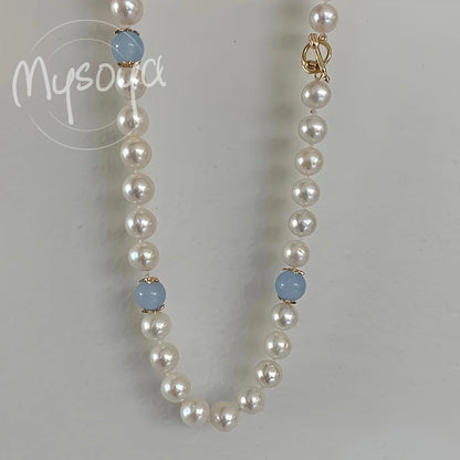 MYSOYA Natural Freshwater Pearl Aquamarine Necklace With Gift Box Personalized Jewelry Perfect For Wedding Birthday New Year