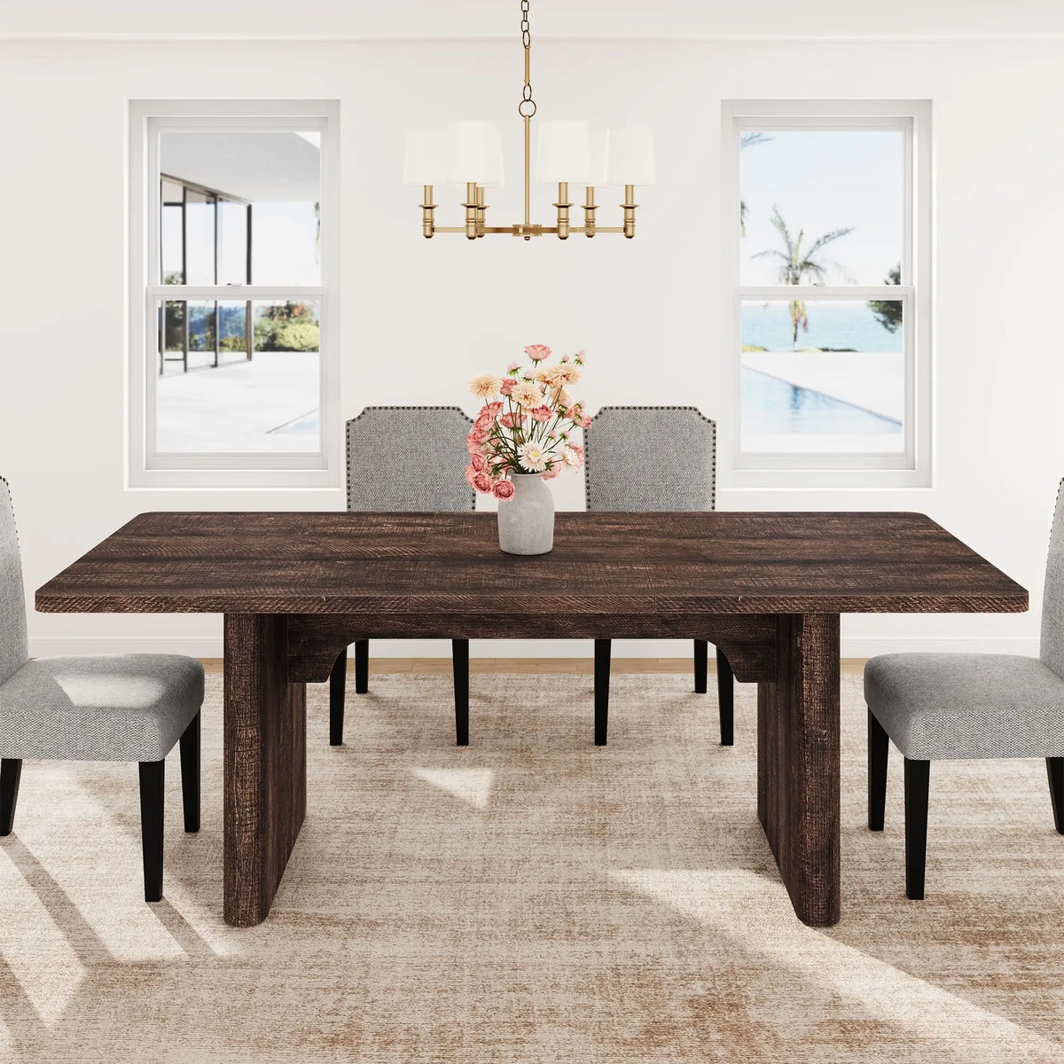 63-82.7 Inch Extendable Dining Table For 8-10, Farmhouse Rectangle Kitchen Table With Rounded Corners, Wood Base For Dining Room