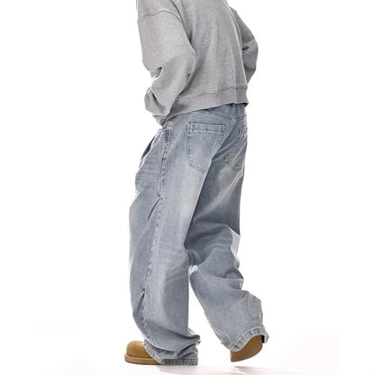 New Korean Retro Men'S Jeans High Street Straight Leg Pants Loose Casual Jeans Fashion Wide Leg Pants