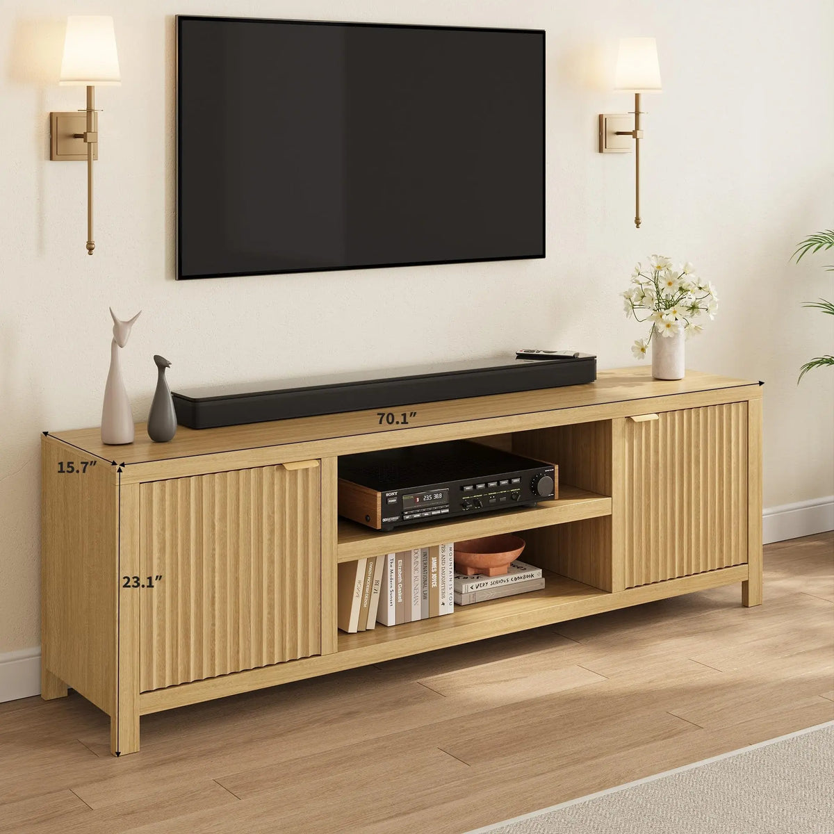 Fluted TV Stand for 75+ Inch TV, Modern Entertainment Center with 2-Tier Storage & Adjustable Shelves, Media Console Cabinet with 2 Fluted Doors & Gold Handles for Living Room Bedroom
