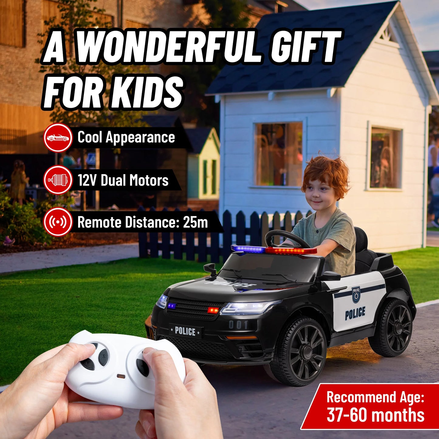 12V Kids Ride on Police Car with Remote Control, Black