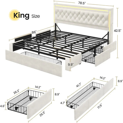 Upholstered LED Bed Frame with 5 Drawers, Velvet Hidden Storage Headboard with Charging Station, Button Tufted