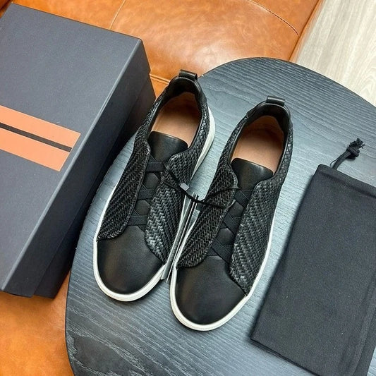 Low profile luxury men's casual loafers, casual sports shoes, elastic knitted leather driving shoes, lightweight and breathable