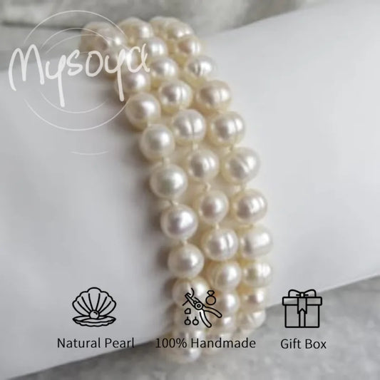 MYSOYA White Freshwater Pearl Three-ring Bracelet 6-7mm With Gift Box For Her/Him Birthday/Wedding/Christmas/New Year Gift